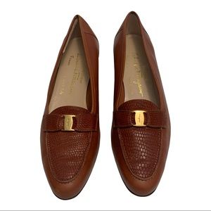 Salvatore Ferragamo Tan Leather Loafers with Gold Buckle